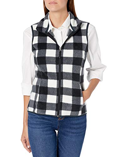 Amazon Essentials Women's Classic Fit Sleeveless Full-Zip Polar Soft Fleece Vest, White Black Buffalo Plaid, Medium
