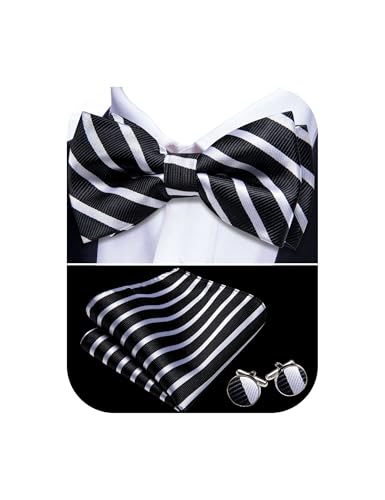 Image of YOHOWA Paisley Striped Men Bow Tie Pre-Tied Formal Adjustable Colorful Bowties Handkerchief Cufflinks Set Wedding Party