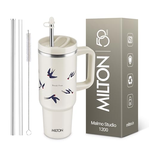 Image of MILTON Malmo 1200 Thermosteel Double Wall Vacuum Insulated Stainless Steel Tumbler with Handle 1100ml, Travel Mug with Straw,Silicon Cap,Cleaning Brush,Hot & Cold Beverage Flask,Birds Cream