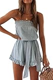 R.Vivimos Women's Summer Linen Ruffles Boho Casual Tube Playsuits Short Jumpsuit Rompers (Medium, Blue Style #2)