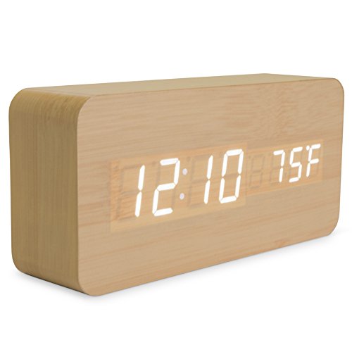 Bamboo Wood Digital Alarm Clock - 3-Level White LED Time, Date, Temperature Display - Sleek, Modern Design - Voice Control, 3 Alarms, USB - Portable Wooden Clocks for Bedroom, Bedside, Travel