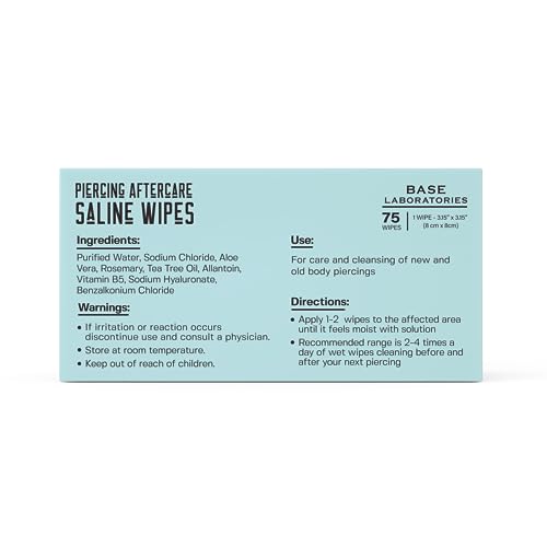 BASE LABORATORIES Piercing Aftercare Wipes | Cleanses & Sanitizes | Piercing Cleaner Wipes for Nose, Ear, Lips | Saline Solution for Piercings | Keloid Bump Removal & Piercing Bump Treatment -75 Wipes