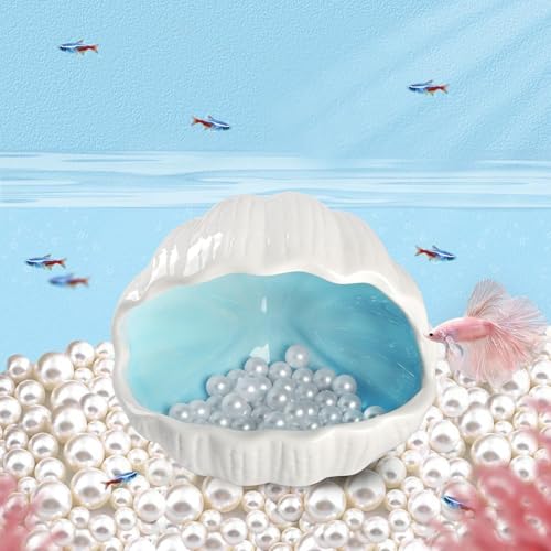 Image of Ceramic Shell Cave with 50 Pearls - Betta Fish & Shrimp Tank Decorative Hideout(Blue + 50PCS Pearl)
