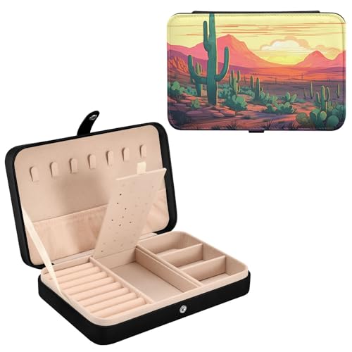 Haskirky Desert Cactus Jewelry Box Portable PU Leather Travel Jewelry Organize for Women Jewelry Storage Display Holder for Ring, Necklace, Earring