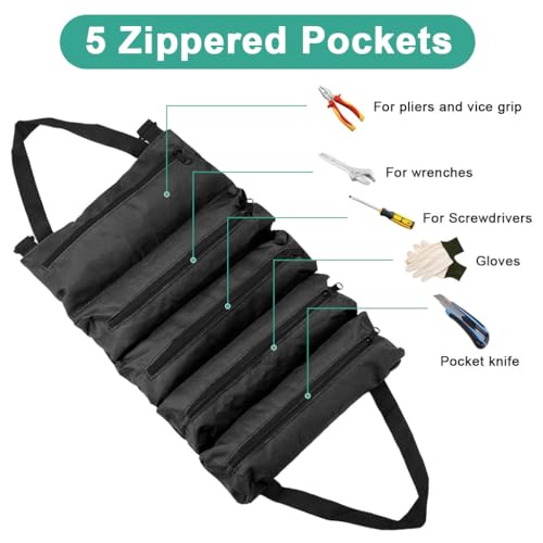 Image of STHIRA 5-in-1 Tools Bag, Tool Organizer Bag, Portable Roll-Up Canvas Tool Storage with Handle, Built-In 5 Zipper Pouches, Heavy Duty Compact Tool Roll for Wrenches, 48x28cm