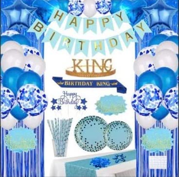 Blue Birthday Party Decorations, blue Party Decorations Set for Boys Or Men, Happy Birthday Banner, Curtains, Table Runner, Balloons, Plates, Cups, Tissue for 24 Guest by JSN PARTY
