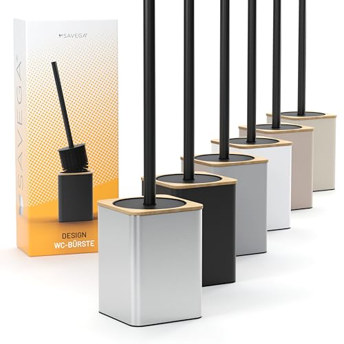 SAVEGA - Brosse WC en Silicone argentée INOX avec Bambou - Balayette Toilettes hygiénique avec Couvercle Pare-éclaboussures
