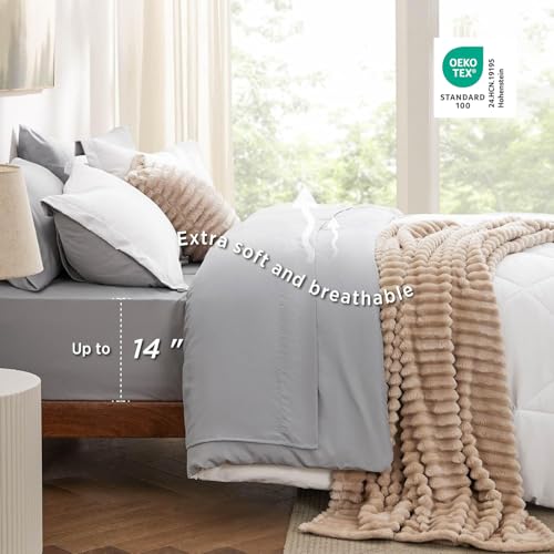 Image of Bedsure Full Comforter Set - 7 Pieces Reversible White and Grey Bedding, Full Bed Set for All Seasons, Bed in a Bag with Down Alternative Comforter, Grey Sheets, Pillowcases & Shams