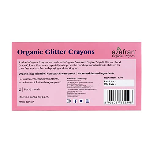 Image of Azafran Organics 8 Jumbo Glitter Non-Toxic Block Crayons,Plant Based,Hypoallergenic,For Pre School Kids,No Harmful Chemicals,Ink Color-Multicolor