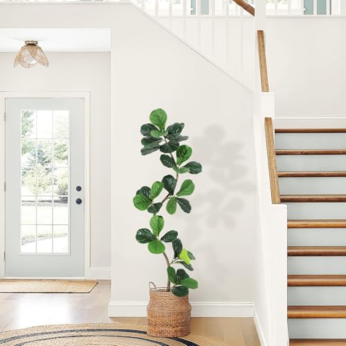 Garvee Fiddle Leaf Fig Tree 5ft Tall Artificial Tree with Grey Planter，Faux Floor Plant, Indoor...