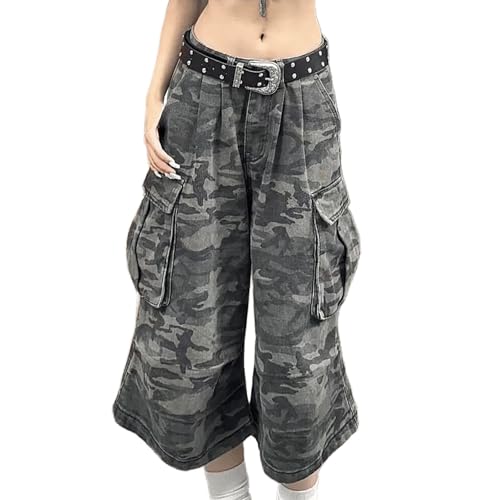 Summer Vintage Camo High Waisted Baggy Wide Leg Jeans Unisex Work Pocket Cargo Capris Short Pants for Women