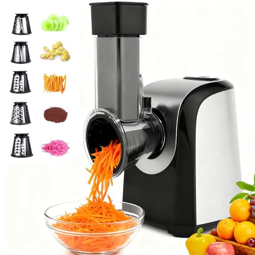 Electric Cheese Grater 150W Salad Maker 5 Different Shapes of Blades for Slicing/Shredding/Grinding, Compact Kitchen Electric Slicer Shredder for Block Cheese, Vegetables, Fruit, Carrots