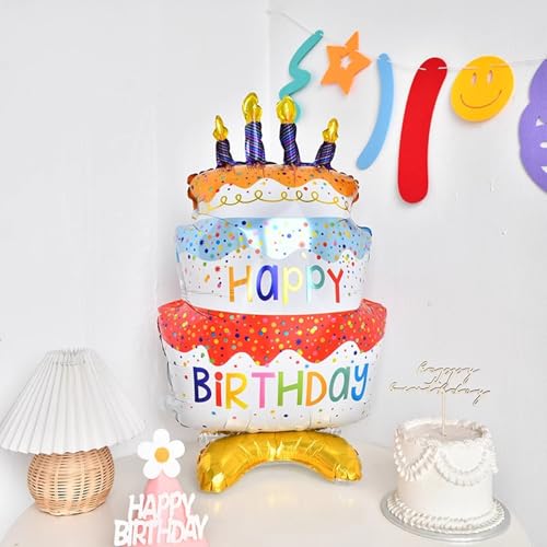 Image of 2pcs 39 inch Happy Birthday Cake Foil Balloons, Giant Self-Standing Three Layer Birthday Balloons for Girls Boys Kids Baby Shower Birthday Party Supplies