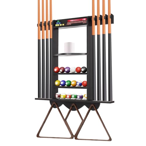 Leogreen Porte-Queues de Billard Mural, Support pour 8 Queues, 18 Boules, 3 Porte-Boules, 1 Rouleau de Papier, Râtelier en Bois de Pin avec Espace de...