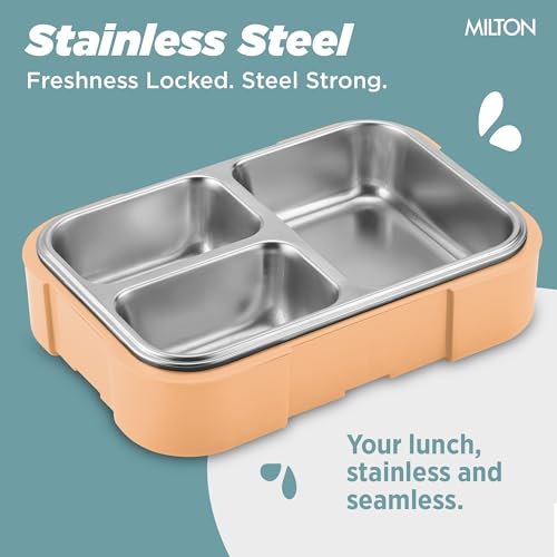 Image of MILTON Bravo 3 Inner Stainless Steel Tiffin Box for School, 3 Partition, Steam Release Plug | PU Insulated, Leak-Proof, Food Grade I Lunch Box for Kids Boys, Girls with Snap Lock Lid, 600 ml, Orange