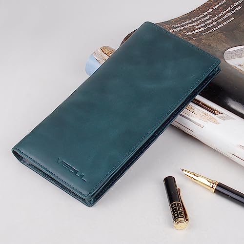 Image of VISOUL Leather Checkbook Cover Wallet for Men with RFID Blocking, Mens Long Bifold Cash Tall Wallet with 11 Credit Card Slots 1 ID Window (Dark Blue)