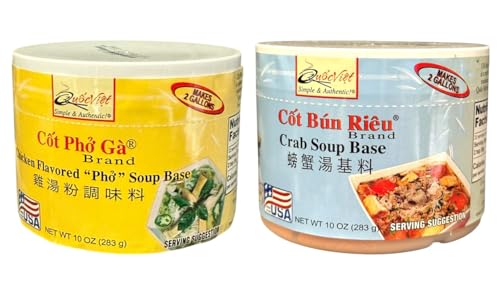 Combo - Chicken Pho Soup Base and Crab Soup Base - Cot Pho Ga va Cot Bun Rieu - 10 Oz per Jar with 2 Jars per Order - Product of USA