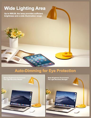 Image of BOHON LED Desk Lamp with USB Charging Port 3 Color Modes Fully Dim, Yellow | Reading Lamp, Auto Dimming Task Lamp, Flexible Neck Table Light for Home Office Dorm Bedside, Bright Yellow