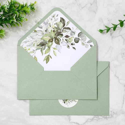 Enveloppes de verdure aquarelle Whaline vert sauge avec autocollant 10,9x16 cm