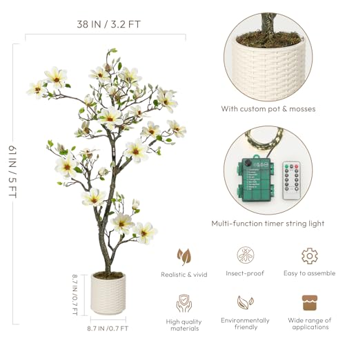 5FT Faux Magnolia Plant Artificial Flower Trees Fake Plants for Yard Patio Home Office Arrangement Decor Artificial Magnolia Tree Inc. 120 Realistic Flowers Vivid Leaves Mosses Lighting White Pot