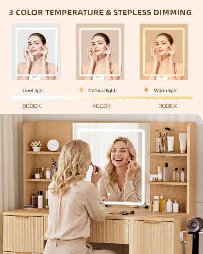Image of LIVELYGLOW 43 inch Large Natural Wood Makeup Vanity Desk with Charging Station | Fluted Design, Smart LED Mirror, Hairdryer Holder, 7 Drawers