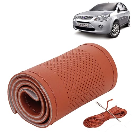 Image of KINGSWAY PU Leatherite Car Steering Cover Sewable Compatible with Ford Fiesta (Year 2005-2011), Tan Color with Tan Thread, Pack of 1 with Sewing Needle and Thread
