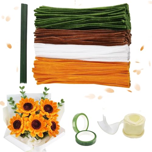 Conjunto de limpador de cachimbos de flores, 300 peças de limpeza de cachimbo, 4 cores, ramo de flores de limpador de tubos, cachimbos fio de chenila, Tulip Bouquet Pipe Cleaner Set, com hastes de