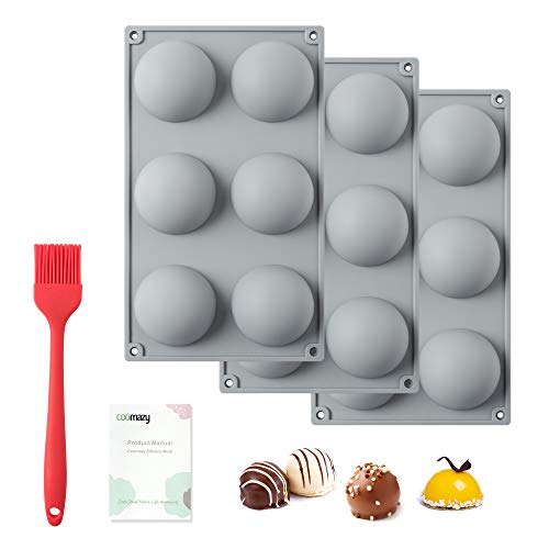 Coomazy Chocolate Semi Sphere Silicone Mold, 3 Packs 2.68" Large 6-Cavity Baking Half Round Mold for Making Hot Chocolate cocoa Bomb, Cake, Pudding, Jelly, Dome Mousse soap with Brush - Grey