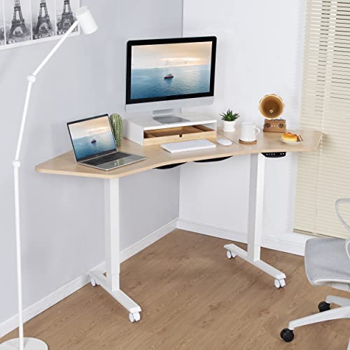 Utureal 71" Electric Corner Standing Desk, Wing Shape Height Adjustable Desk For Home Office, Dual Motor Stand Up Computer Desk, L Shaped Motorized Sit Stand Workstation, Oak Table Top, White Frame #TOP1