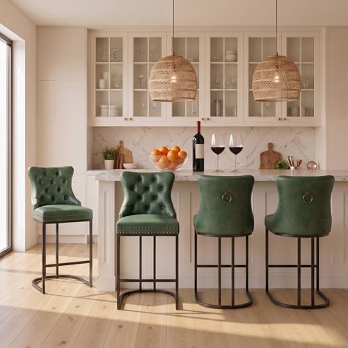 Image of UVV Counter Height Bar Stools Set of 4, 26 inch Modern Barstools with Back, Faux Leather Upholstery Counter Chairs with Metal Legs for Kitchen Island, Bar, Counter, Green
