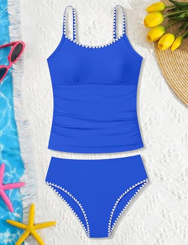 Image of Girls Swimsuit Solid Color Tankini Contrast Trim Swimwear 2 Piece Bathing Suit Padded Swimsuits for Teens 9-16Y