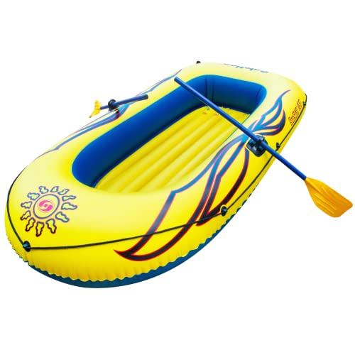 SOLSTICE Inflatable Boat Rafts 3 Person for Adults & Kids Comes W/ Oars Paddles Pump Pole Oar Holders Cushioned Comfortable Base Grab Line 8 Ft Size Sunskiff Kits Dinghy Air Floor Yellow