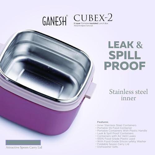 Image of Ganesh 2 Compartment Cubex Insulated Food Container with Attractive Spoon - Airtight Leak-Proof Lunch Box for Office, School, Picnic 760ml- Peach