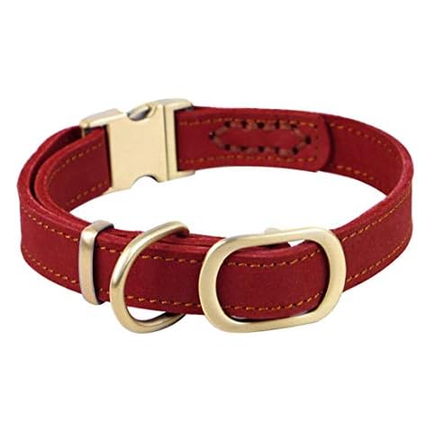 Vivi Bear Luxury Polished Leather Collar for Puppy/Dogs, Adjustable Neck 30-43cm (11.8"-16.9") & 2cm/0.8" Wide, Collar For Puppy Medium/Small Pet Dogs With Strong Dog Leash Hook - Red Cover