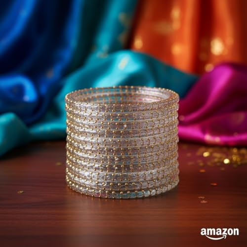 Image of SUNDRAM Raindrop Glass Bangles Set for Women & Girls, Transparent Crystal Kanch Ki Chudi for Wedding & Party, Set of 12