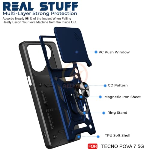 Image of Armor Bumper Back Cover Case for Tecno Pova 7 5G Rotating Camera Cover, Ring Holder & Kickstand | Heavy Duty & 360 Degree Protection Tecno Pova 7 5G Back Cover (Blue)