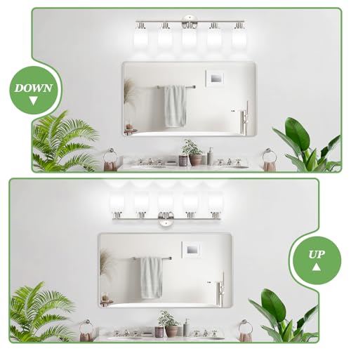 Image of 5-Light Brushed Nickel Vanity Lights, Bathroom Light Fixtures with Textured Milky White Glass Shade, Modern Bathroom Lighting Fixtures Over Mirror Wall Sconce Light - E26 Base | Vanity Lights for Mirror with Textured Milky White Glass Shade, E26 Base Modern Kitchen Light Fixtures Wall Sconce Light