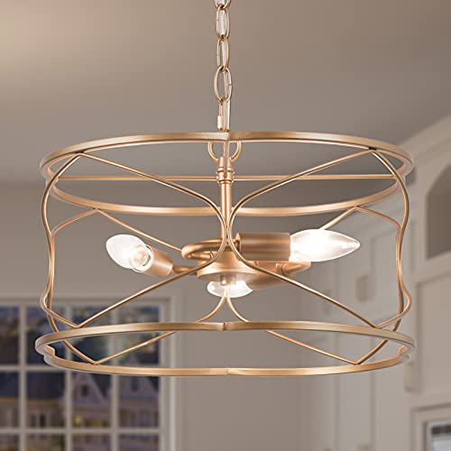 Optimant Lighting Gold Modern Chandelier for Dining Room, Bedroom Drum Chandelier Light Fixture, 3-Light Pendant Lighting for Kitchen, Bathroom, Living Room