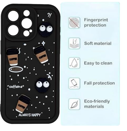 Image of GoldKart Back Case Cover Compatible for iPhone 15 Pro Max | Cute Fun Cartoon 3D Ball Coffee Silicone Case | Full Body Protection Back Cover for iPhone 15 Pro Max - Black