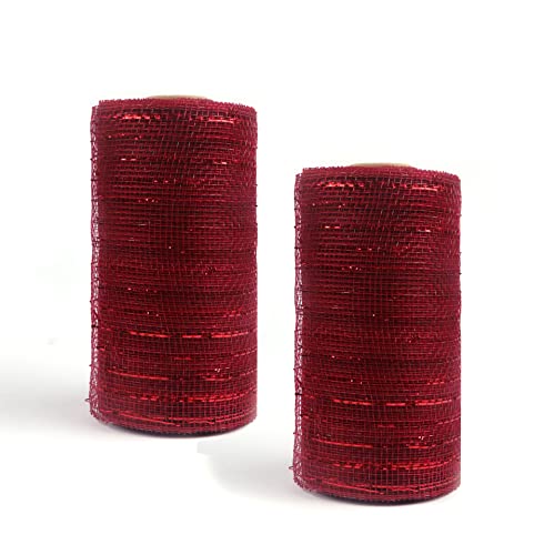 YYCRAFT 2 Pack 6 Inch Metallic Poly Mesh Ribbon Rolls Deluxe Wide Foil(Total 20 Yards,Burgundy)