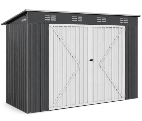 Image of DWVO 9x4ft Large Tool Storage Shed with Lockable Doors, and Sloped Roof, Oversized Steel Outdoor Storage Shed for Garden, Patio, Garage, Backyard, Lawn - Dark Gray