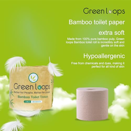 Green Loops Bamboo Toilet Tissue Rolls | 3-ply, 900 Pulls (300 x 3 Rolls) | Tissue Paper Roll, Toilet Paper Roll - Eco Friendly, Soft & Highly Absorbent, Unbleached, Chemical-Free, Box Pack