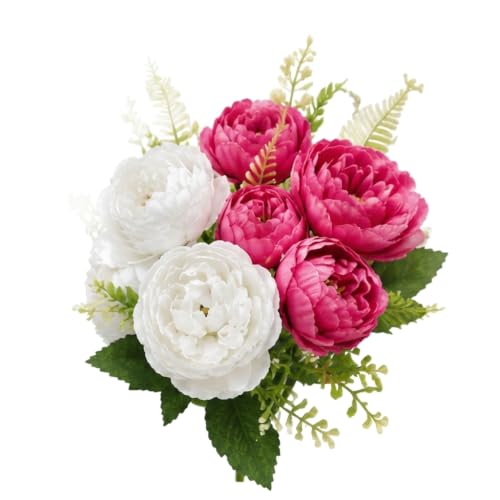 Image of CURATED CART 2 Bunch Artificial Peony Rose Flower Bouquet (Pink & White) | 10 Flower Heads, for Home Decor, Office, Bedroom, Balcony, Table Display, Wedding Decoration (Without Vase Pot)