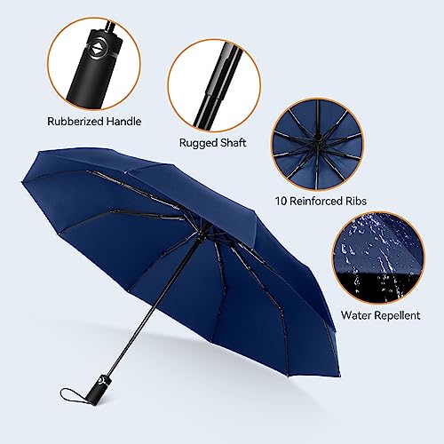 Techrise Large Windproof Umbrella, Wind Resistant Compact Travel Folding Umbrellas, Ladies Auto Open Close Strong Wind Proof Rain Proof With 10 Ribs Golf Umbrella Collapsible For Men Women (Blue) #TOP4