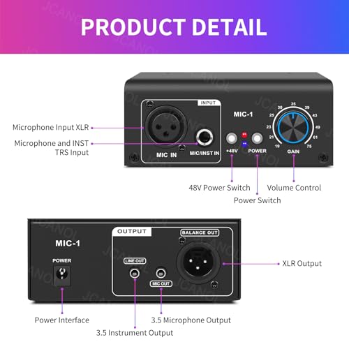 MIC-1 Microphone Preamp Mic Gain Booster with 2 Input Max 75db Gain 48V Phantom Power Ultra-Clean Gain for Dynamic and Condenser Mic