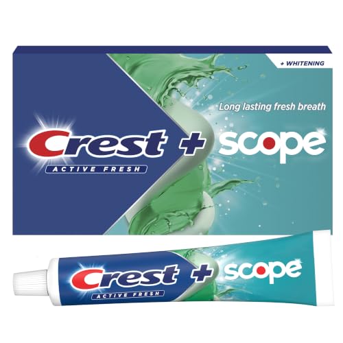 Crest + Scope, Active Fresh, Teeth Whitening Toothpaste for adults, 5.5oz 4 pack, Bad Breath Treatment, Breath Freshner, for Sensitive Teeth, Deep Stain remover, Travel Size Toiletries