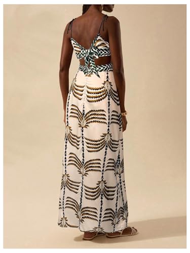 Image of SOLY HUX Women's Summer Maxi Dress Boho Print Tie Shoulder Spaghetti Strap Cut Out Tie Back Cami Dresses Sundress
