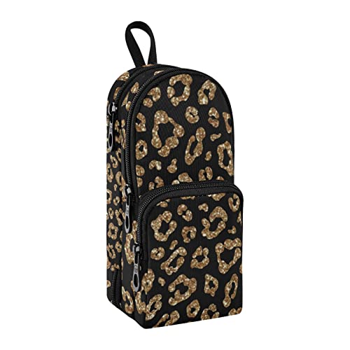 Image of Gold Glitter Leopard Black Pencil Case Big Capacity Pen Bag with Compartment Students Schoolbag Shape Stationery Organizer Pencil Pouch Marker Case for School Office Work