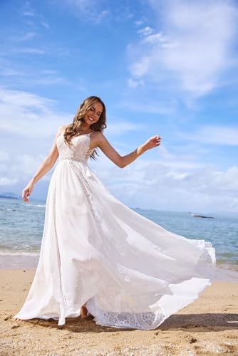 Image of Spaghetti Chiffon Beach Wedding Dress V Neck A line Bridal Gowns Lace Plus Size Wedding Dress