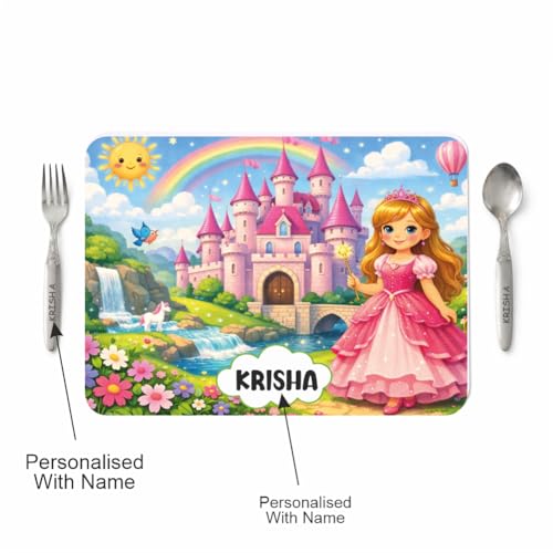 Image of Customized Table Mat with Name & Design Engraving | Personalized Dining Mat with Spoon & Fork | Customized Birthday Gift for Kids (Princess)